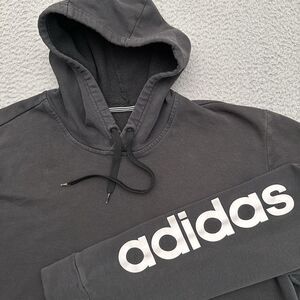 adidas‎ Essentials Fleece Hoodie Men's 2XL Black Arm Spellout Hooded Drawstring